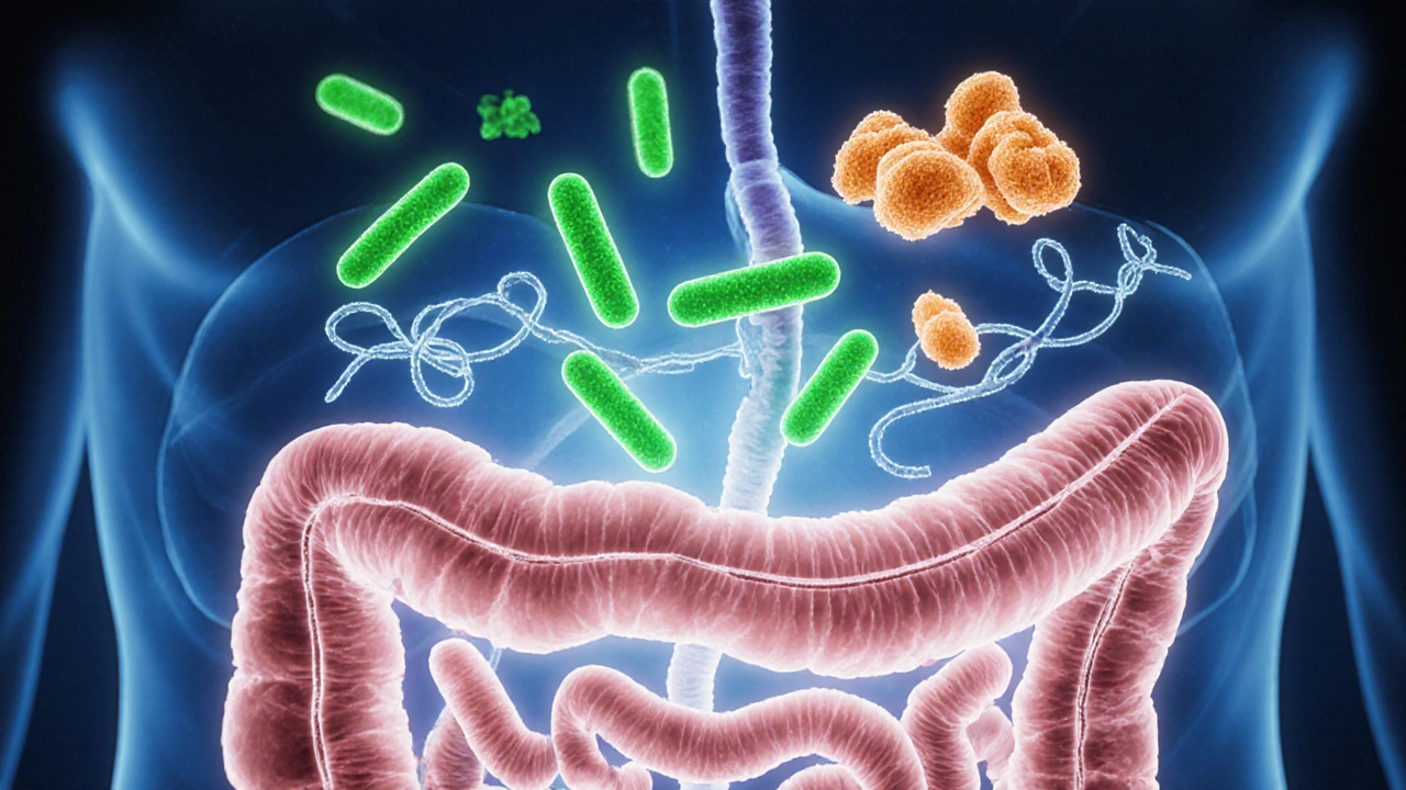 Bakterie Lactobacillus a Bifidobacterium na střevní sliznici.