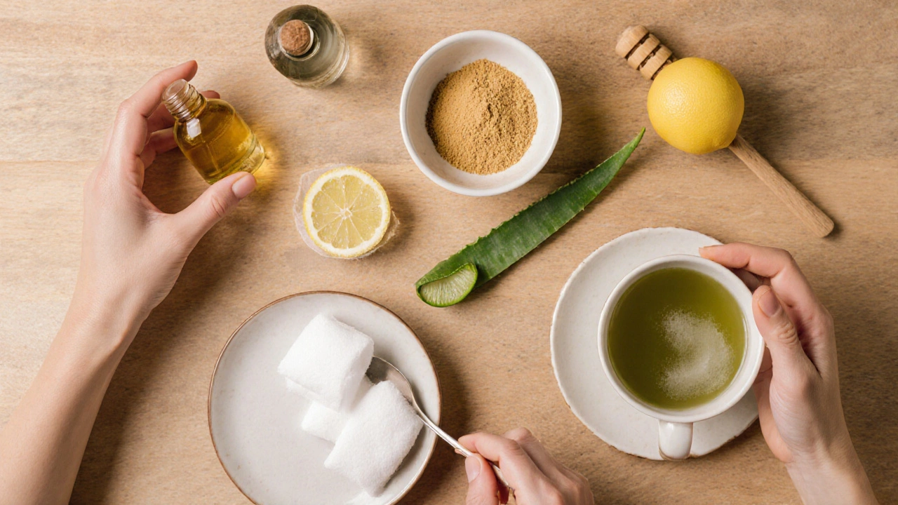 Flatlaj přírodních ingrediencí: čajovníkový olej, jedlá soda, med s citronem, aloe vera a zelený čaj.