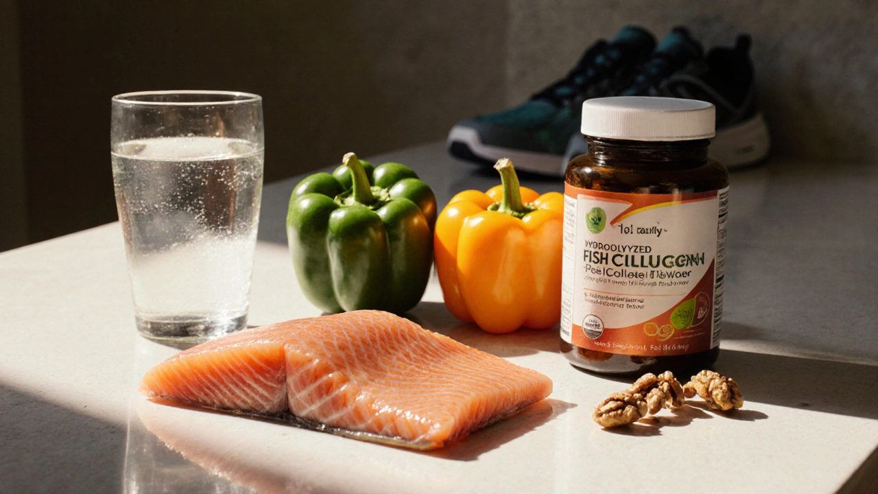 Kuchyňský stůl s rybím kolagenem, lososem, paprikou a oříšky – přirozené podpory kloubů.