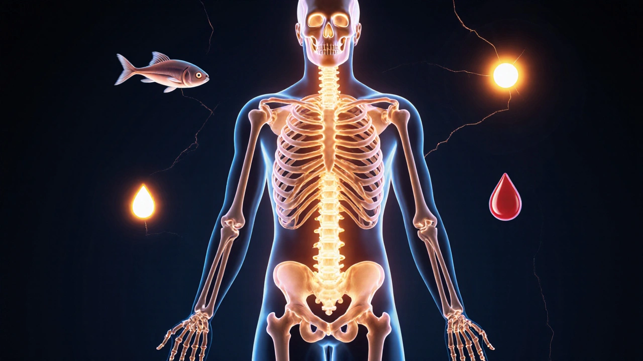 Lidská kostra se zlatým zářením v páteři a nohou, symbolizující riziko osteoporózy z důvodu nedostatku vitamínu D.