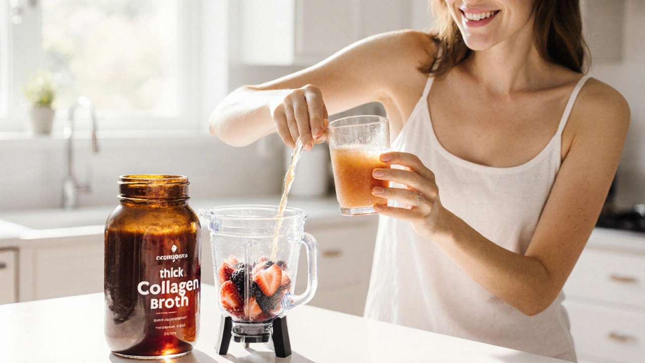 Osoba s jasnou pletí pijící kolagenový vývar, vedle sklenice smoothie a tmavé láhve s vývarem.