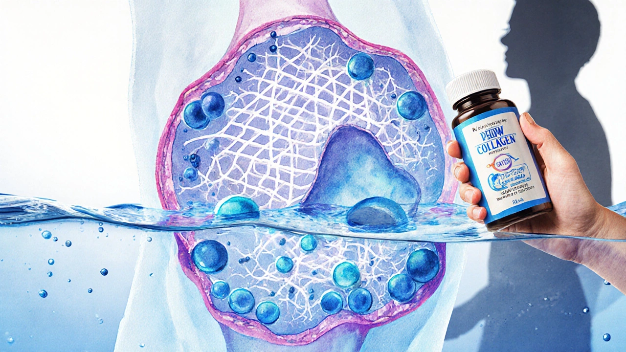 Přehled kloubu s kolagenovými vlákny a proteoglykanovými gelovými strukturami v chrupavce.