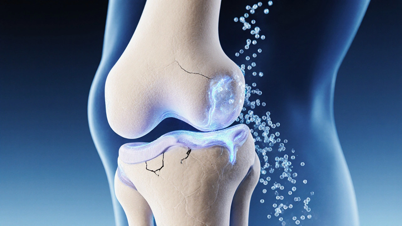 Průřez kolenního kloubu s poškozenou chrupavkou a kolagenem, který ji opravuje.