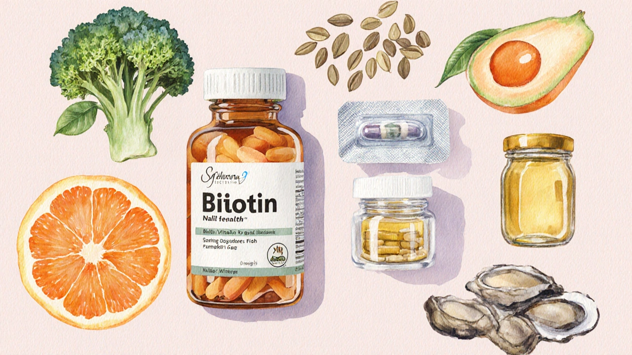 Rozložený set doplňků a potravin bohatých na biotin, vitamín C, D, E, zinek a železo.