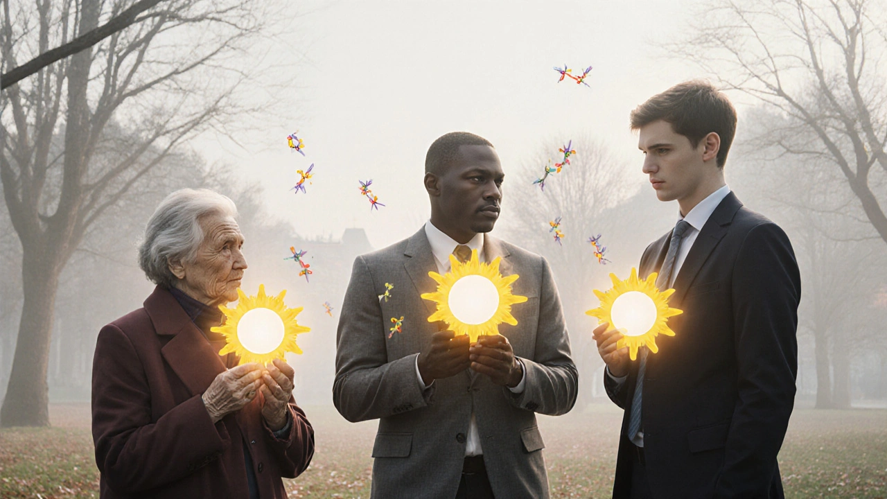 Různí lidé v pražském parku drží malé slunce, jejich stíny se táhnou, značí doplnění vitamínu D v zimních měsících.