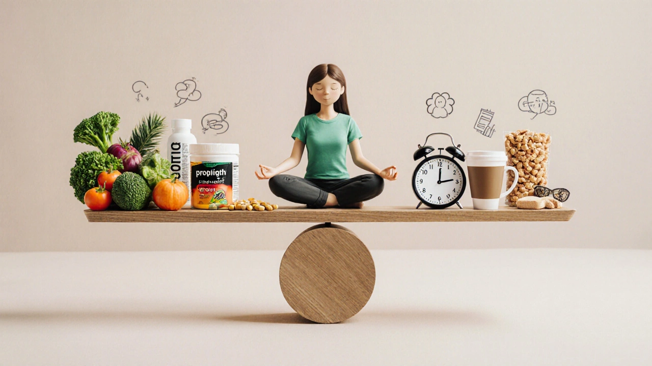 Váha s probiotiky a vlákninou na jedné straně, stresem a cukrem na druhé, s meditující osobou uprostřed.