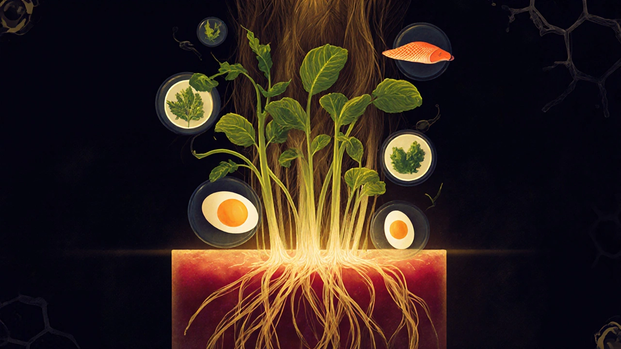 Vlasy rostoucí z folikulů jako zahrada, kde živiny přicházejí z potravin v krevním oběhu.