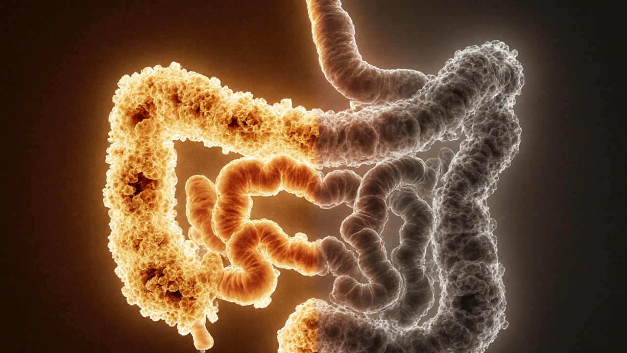 Vnitřek střev s živými probiotickými bakteriemi, které osvětlují zdravou mikroflóru.