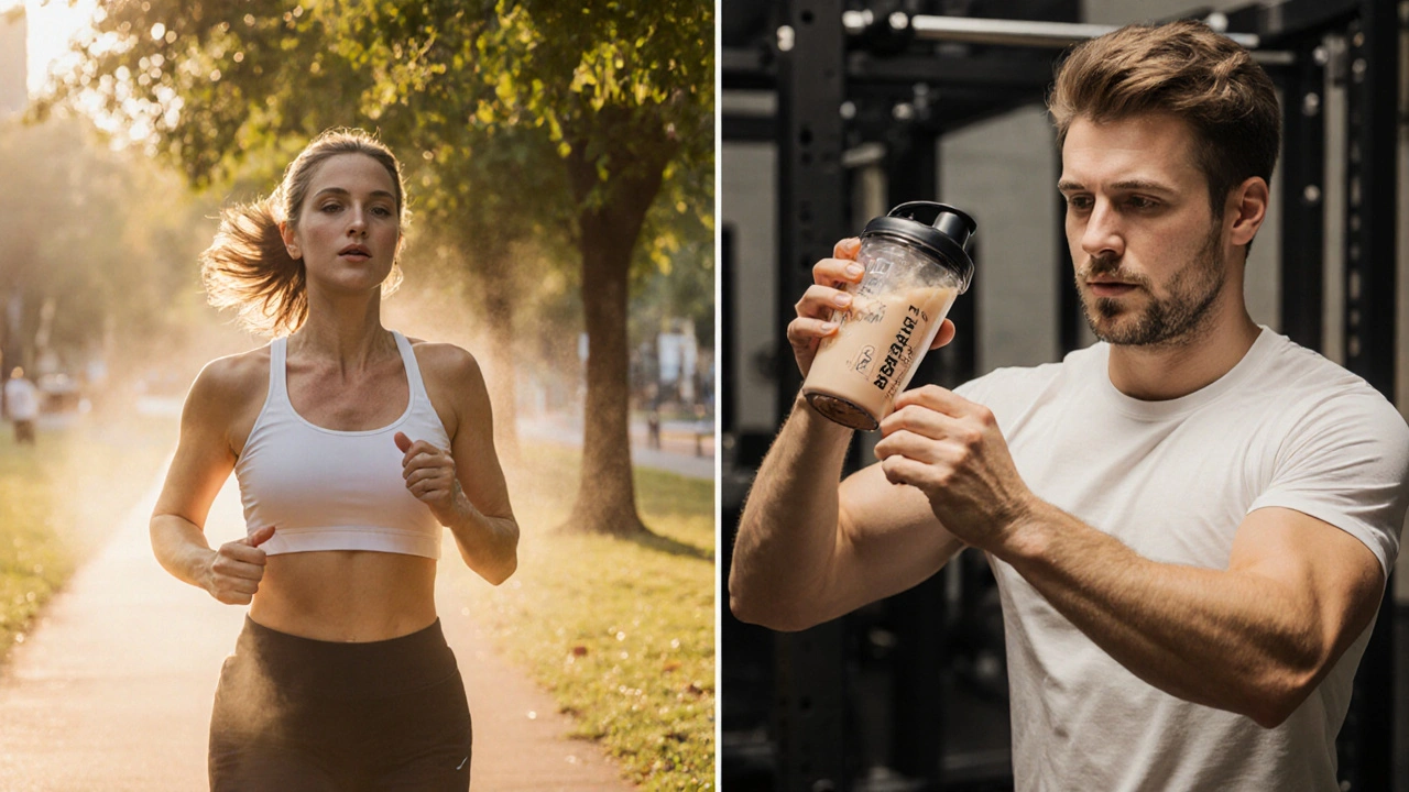 Žena běží v parku a muž pije proteinový shake, oba s lepšími vlasy.