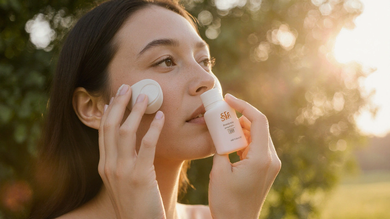 Žena po peelingu nanáší SPF krém na zářivou pleť v zlatém odpoledním světle.
