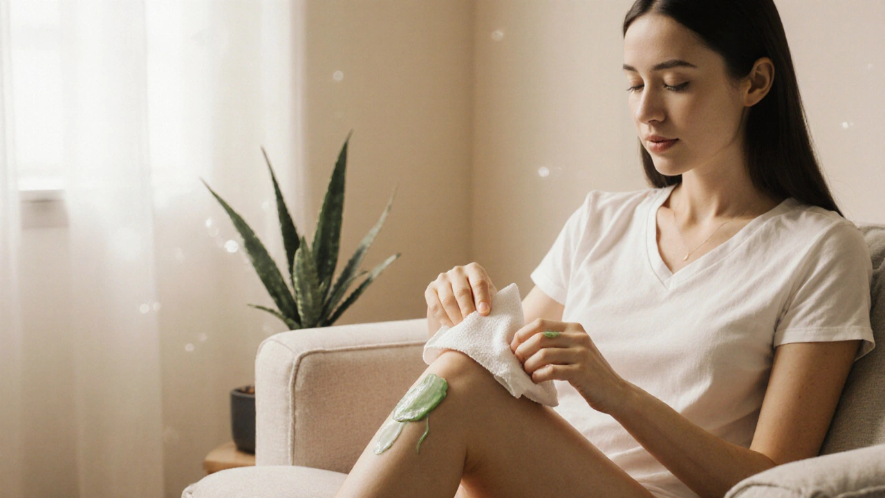 Žena používá chladící obklad a aloe gel na ošetřovanou oblast.