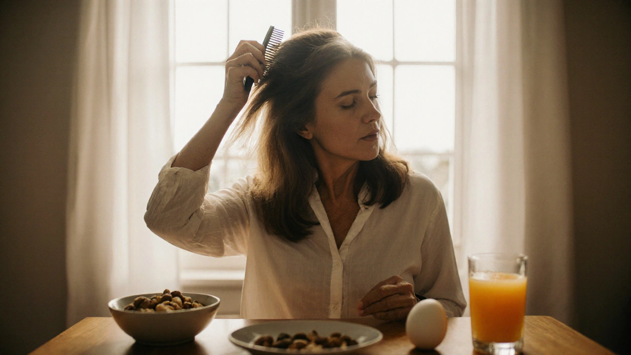 Žena v 40. letech hladí své zdravé vlasy, vedle ní potraviny pro růst vlasů.