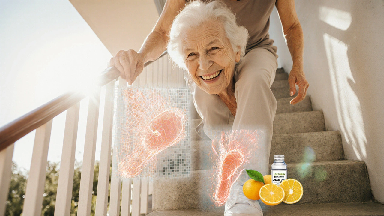 Žena vystupuje po schodech, záře ukazují obnovu chrupavky, vedle ní kolagen a citrusy.