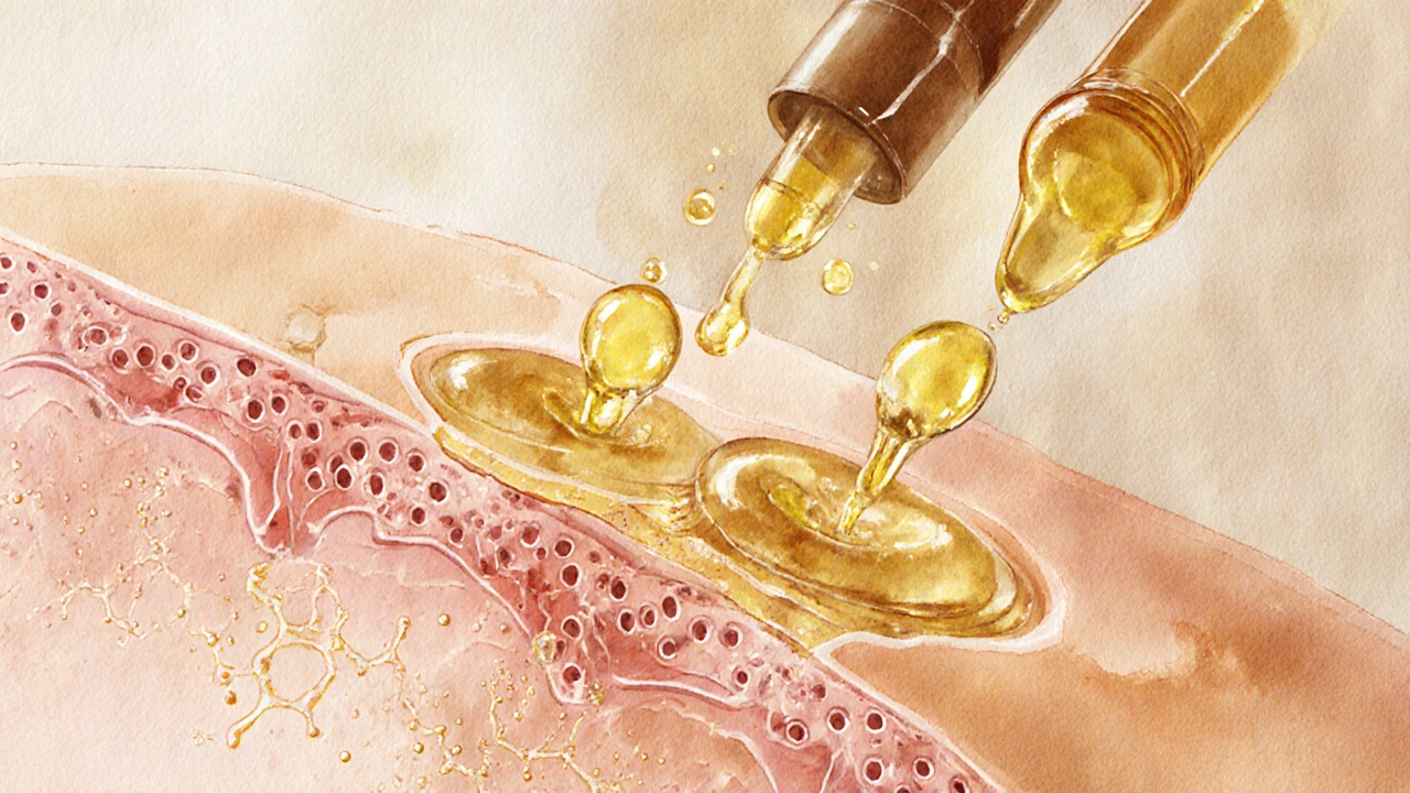 Abstraktní znázornění obnovy lipidové bariéry pokožky pomocí rostlinných olejů v zlatých a zemních tónech.