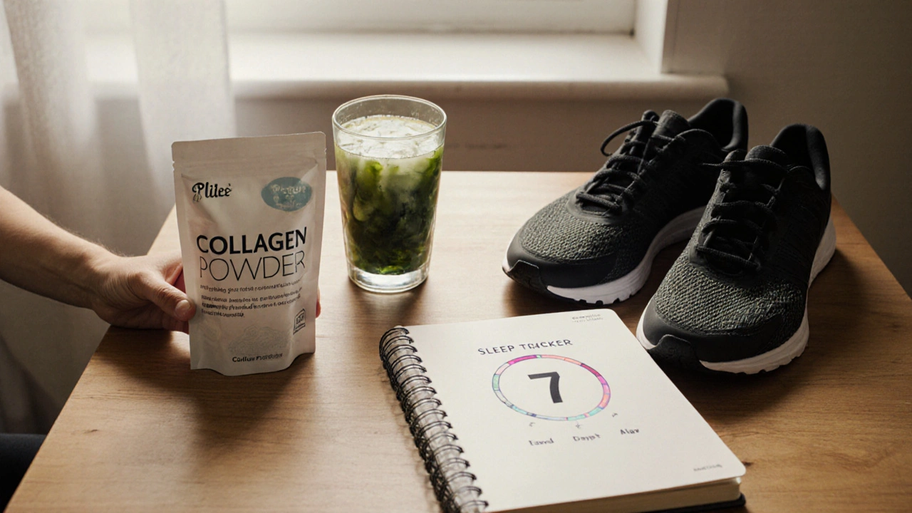 Balancovaný životní styl: prášek kolagenu, šťáva, běžecké boty a stopér spánku na dřevěné tabuli při světle.