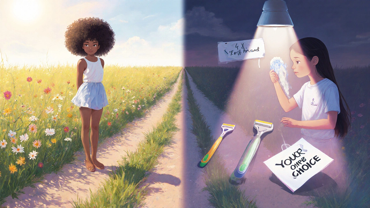 Dvě cesty: přirozené tělo v přírodě a dívka s bezpečným holením — obě ukazují sebevědomí.