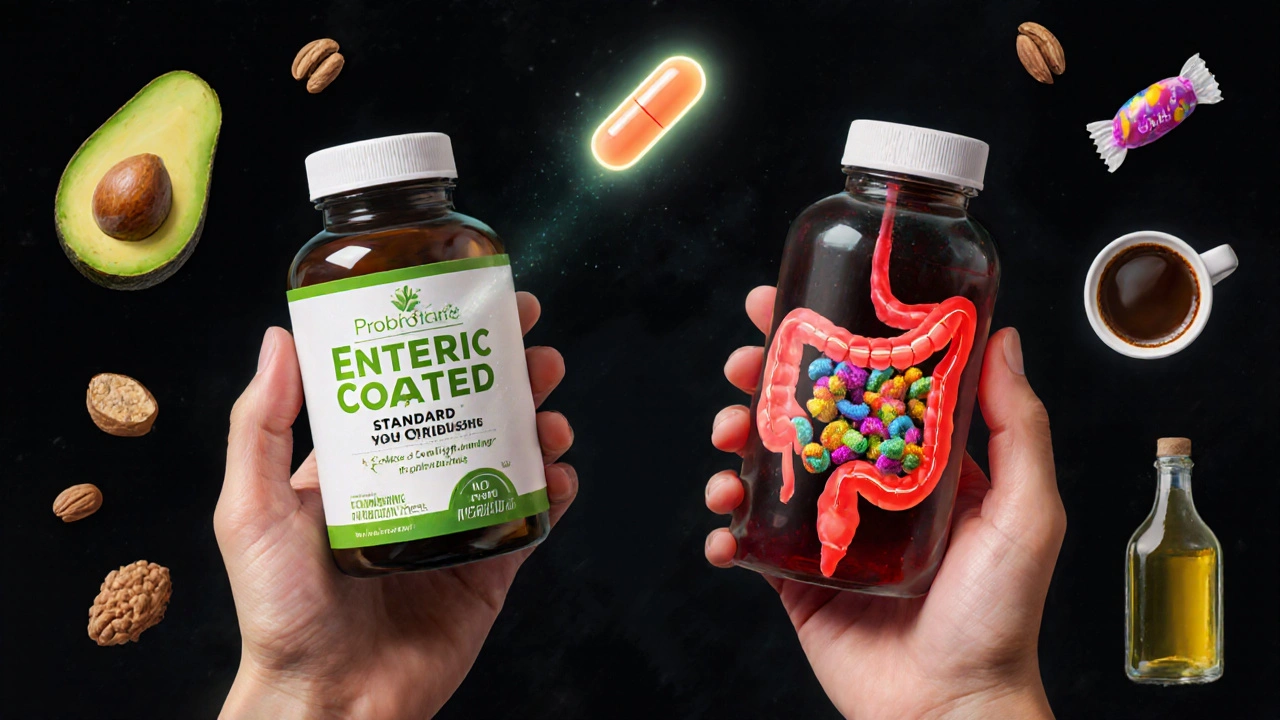 Dvě probiotická přípravky: jedno s ochranným obalem a druhé ničené kyselinou s nezdravými potravinami.