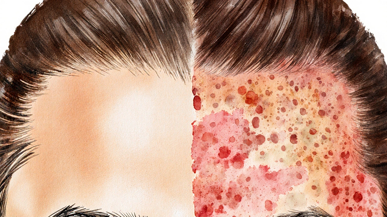 Dvě strany pokožky hlavy: jedna zdravá, druhá zánětlivá s nashromážděnými produkty.