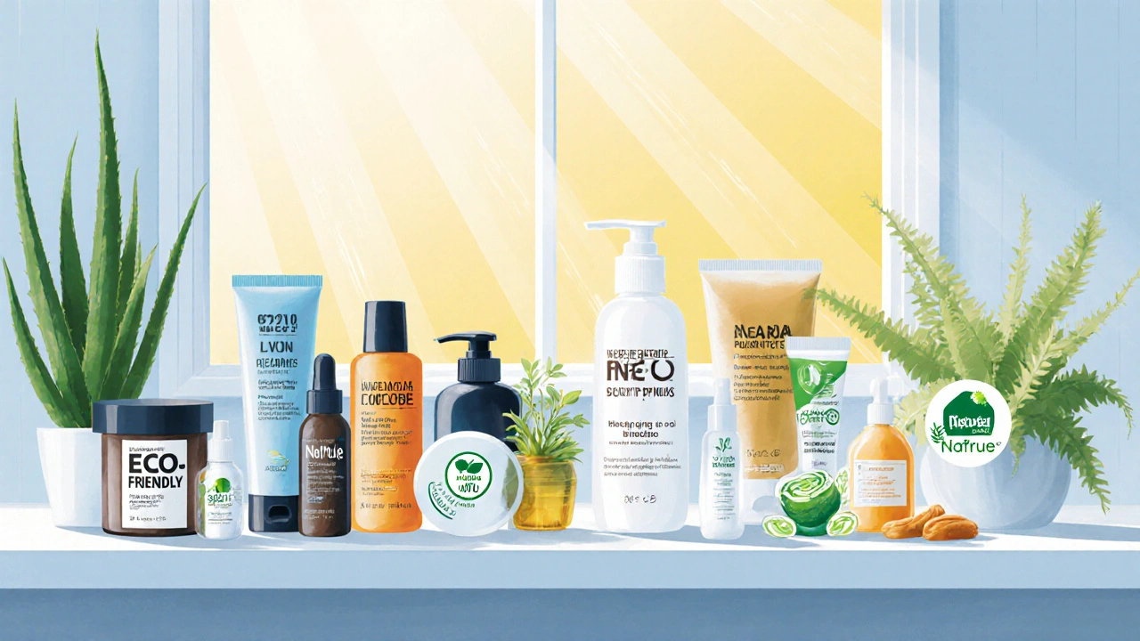 Dvě strany polic: běžná kosmetika vs. produkty s certifikacemi ECOCERT a COSMOS.