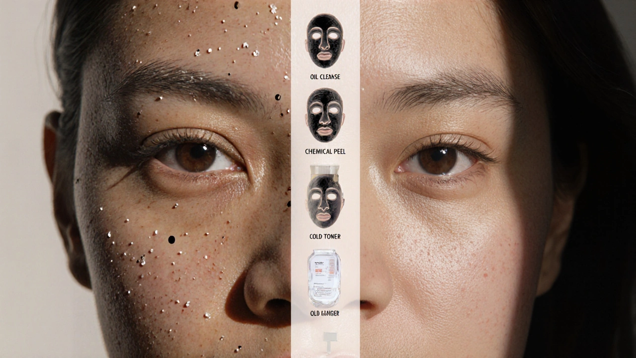 Dvoučástní obrázek pleti: šedivá a znečištěná vlevo, zdravá a zářivá vpravo.