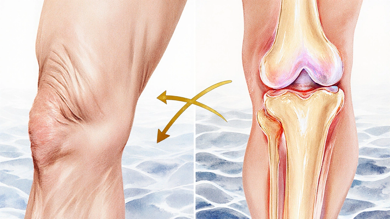 Ilustrace regenerace kůže a kloubů pomocí kolagenových peptidů s goldenými šipkami.