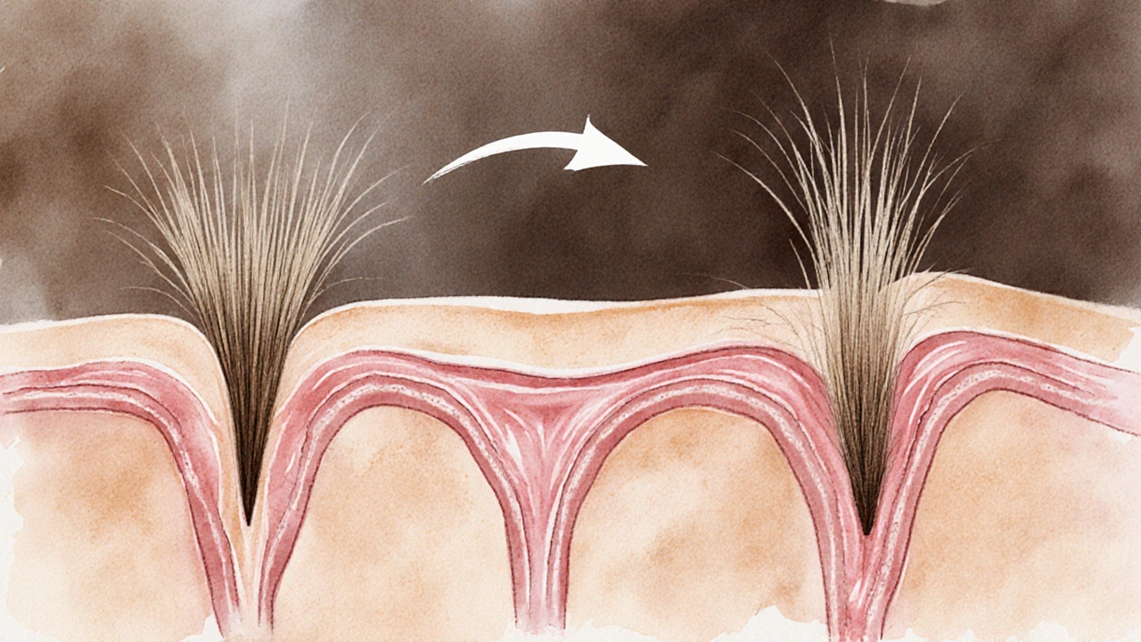 Ilustrace vlasových folikulů s porovnáním růstu po holení a epilaci.