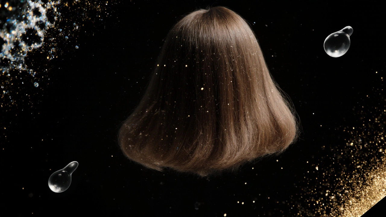Jemné vlasy plavající ve vzduchu s jemným světlem.
