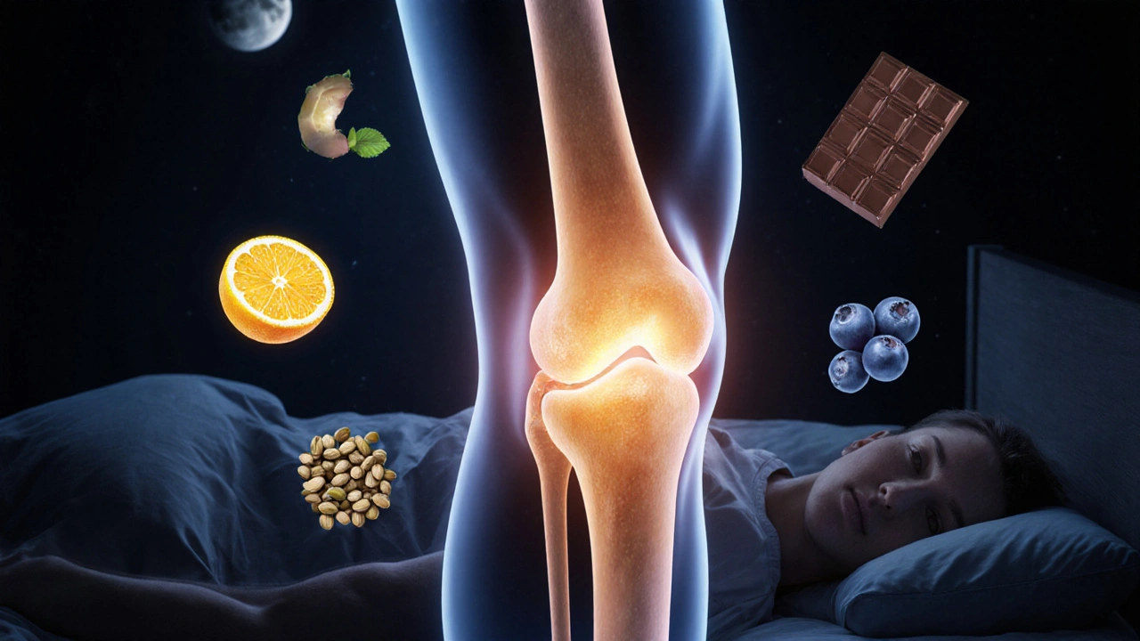 Kloub s kolagenovými vlákny a přirozenými živinami v nočním světle.