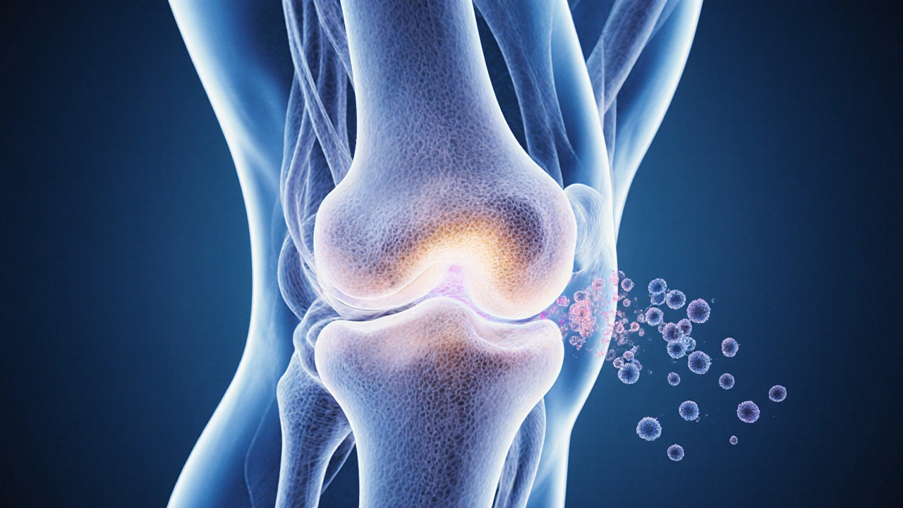 Kloub s průhlednou chrupavkou bohatou na kolagen a přicházejícími molekulami mořského kolagenu.