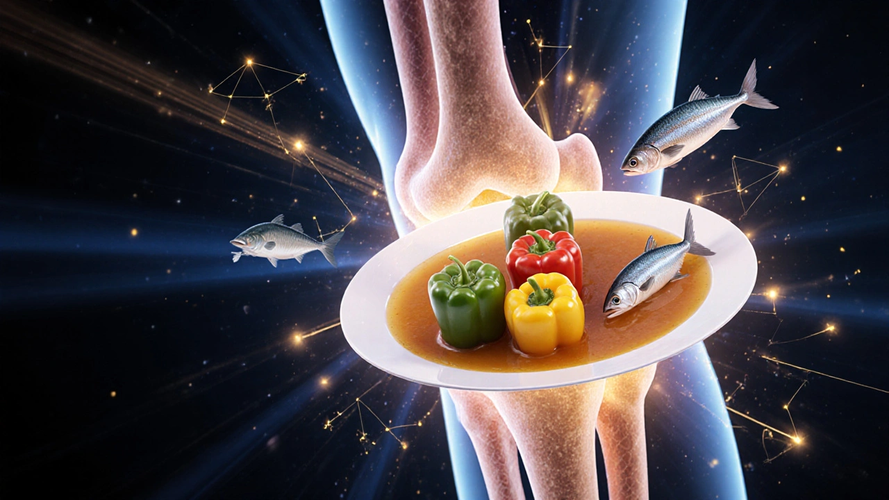 Kolagenová vlákna spojující kloub s potravinami bohatými na kolagen.