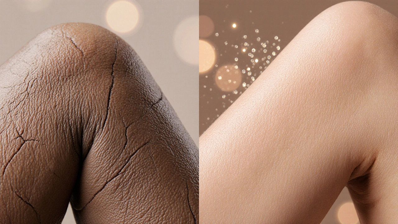 Kontrast hrubé, ztvrzelé kůže a hladké, zářící kůže po peelingu s jemnými světelnými částicemi.