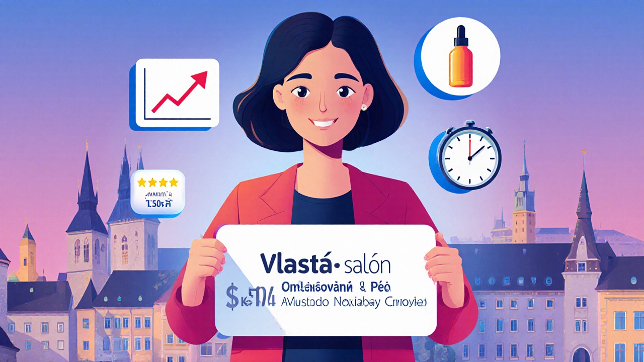 Kosmetička vlastníkyně salónu s ikonami úspěchu: růst příjmu, recenze a premium produkty, pozadí Praha a Brno.