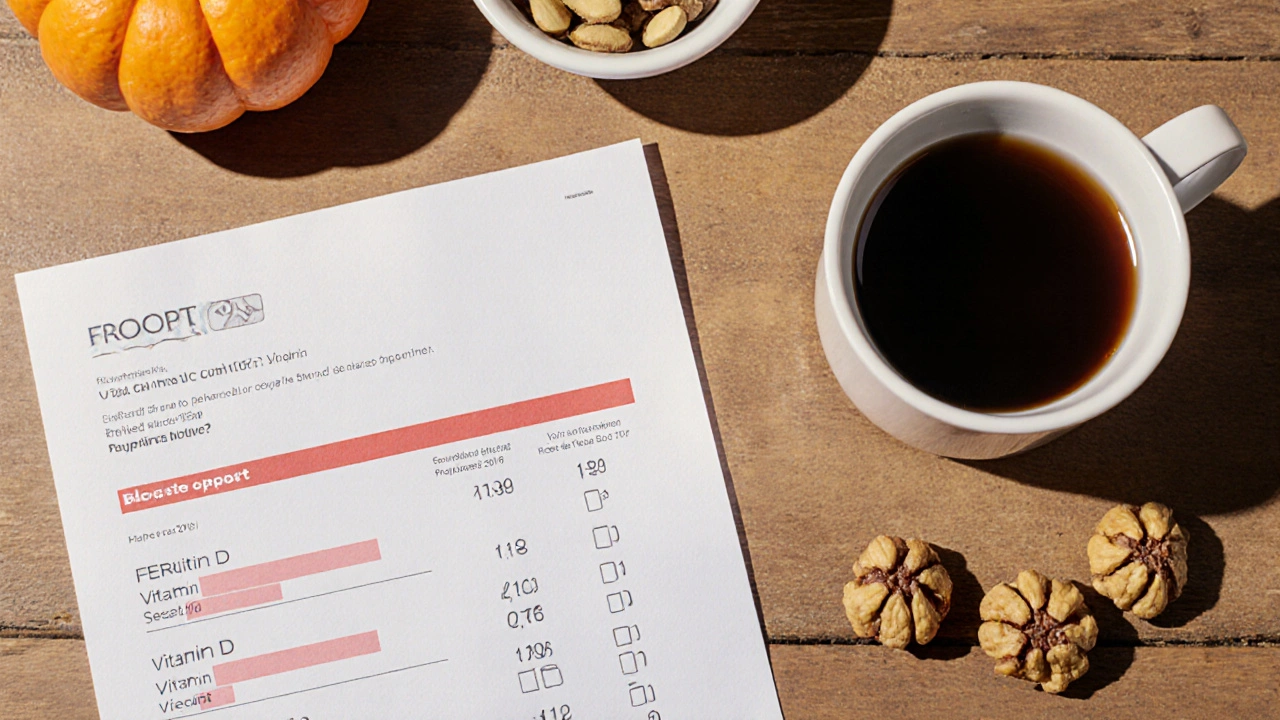 Krevní test s výsledky a přirozenými potravinami podporujícími růst vlasů.