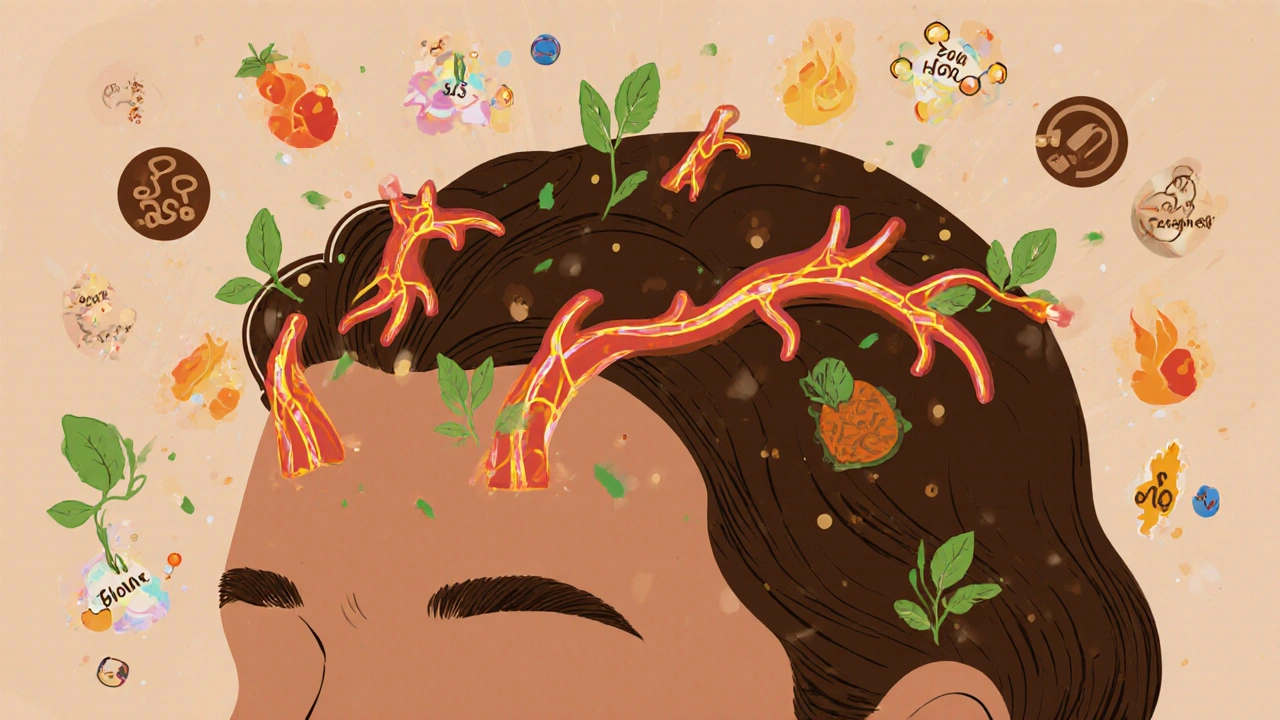 Kůže hlavy s krevními cévami živícími vlasové folikuly a plavajícími živinami jako zinek a biotin.