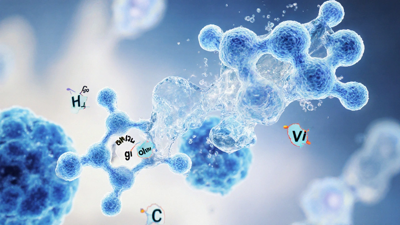 Molekulární ilustrace kolagenu typu I a II s aminokyselinami a vitamínem C, které podporují obnovu chrupavky.