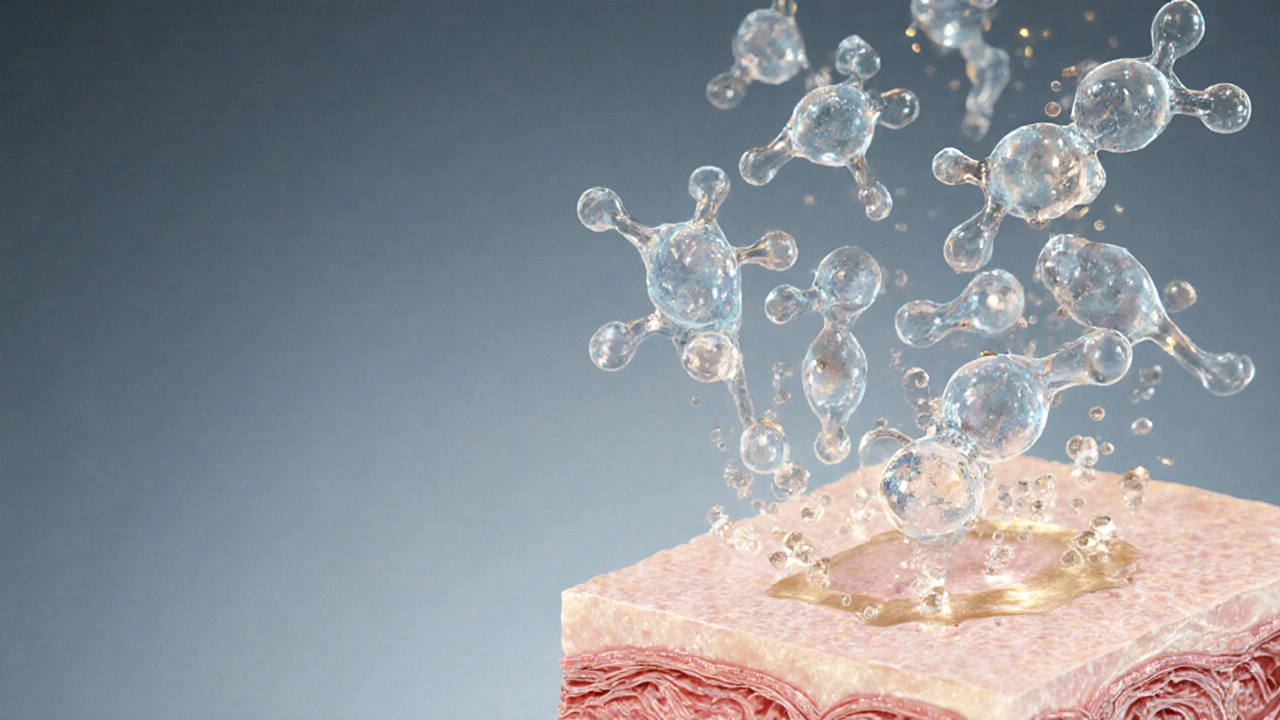 Molekulární ilustrace rybího kolagenu vstřebávaného do kůže spolu s kyselinou hyaluronovou a vitamínem C.