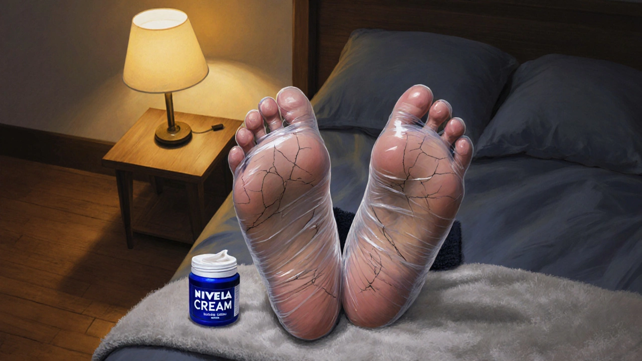 Noční péče o paty: nohy obalené fólií po aplikaci krému Nivea.