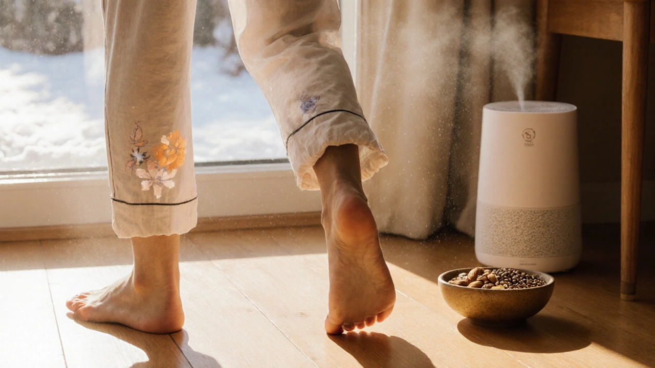 Osoba chodí bosá po dřevěné podlaze, na kůži má viditelný krém s SPF, v pozadí vlhčič a místo na jídlo s ořechy.