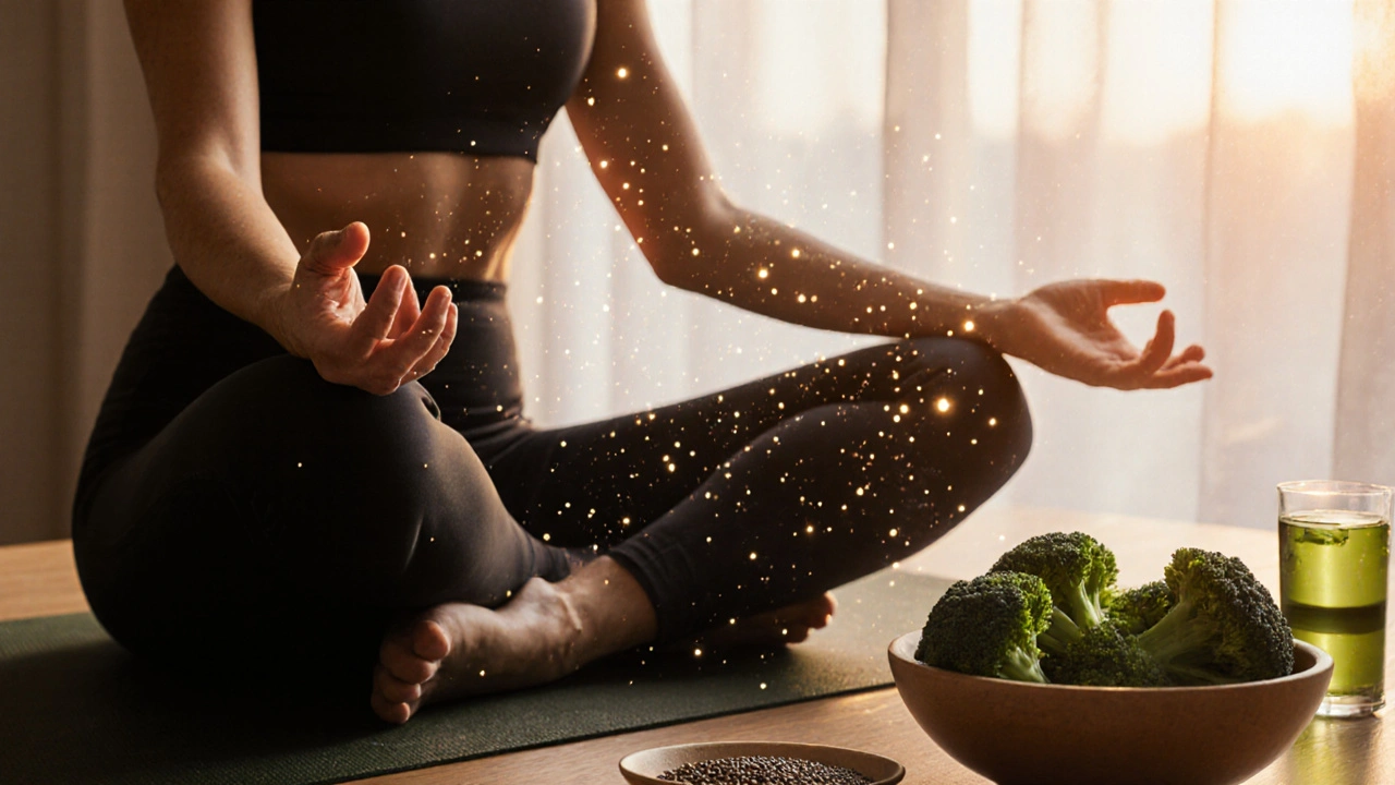 Osoba dělající jógu na ranním světle s hormonálními částicemi vycházejícími z pokožky.