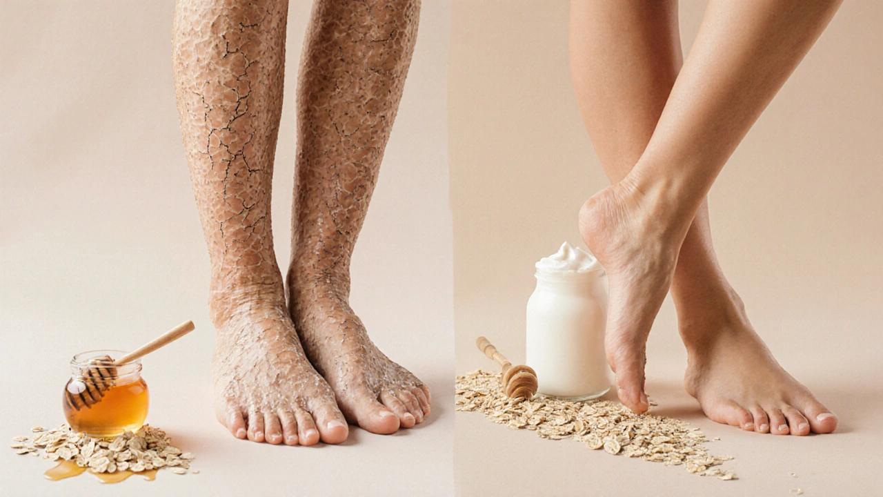 Porovnání hrubé a hladké kůže po použití jemného peelingu z ovesných vloček a jogurtu