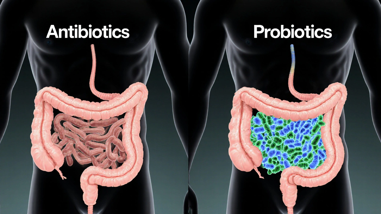 Průřez střevem s probiotiky obnovujícími mikroflóru po antibiotikách.