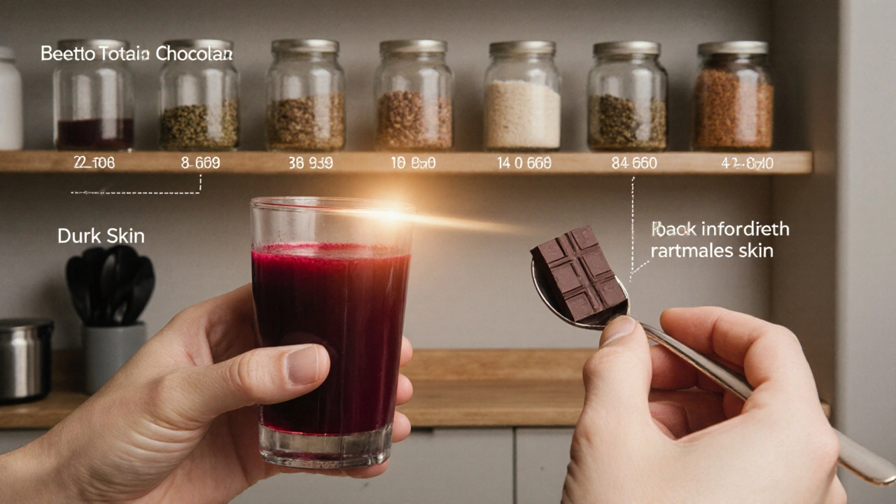 Ruce drží šťávu z řepy a černou čokoládu, za nimi se mění pleť.