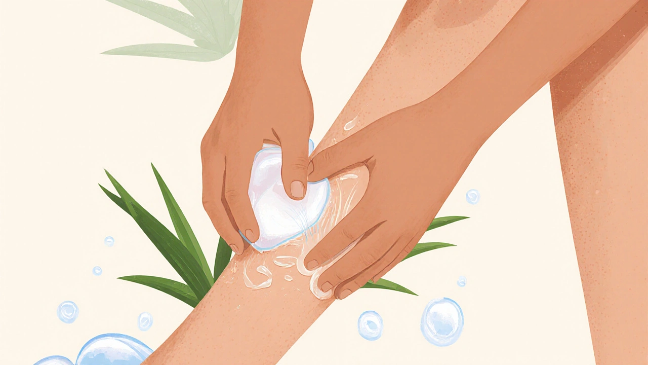 Ruka dívky aplikuje jemný gel na kůži s jemnými chloupky, symbolizující péči o citlivou oblast.