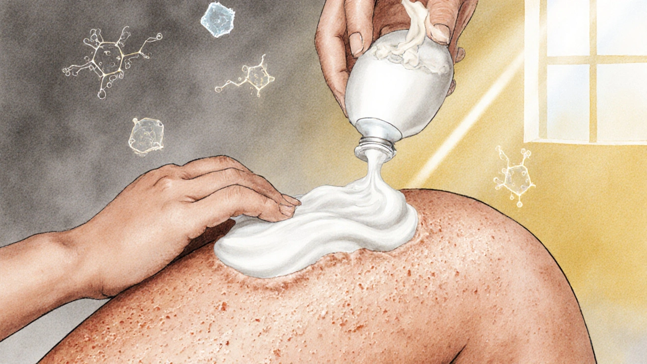 Ruka nanáší tělní krém na suchou kůži nohy, s vizualizací hydratačních molekul pronikajících do pokožky.