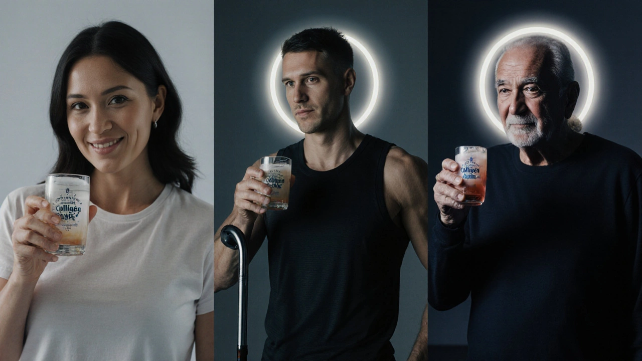 Různí lidé pijí rybí kolagen v různých časech dne, symbolizující osobní přístup k zdraví.