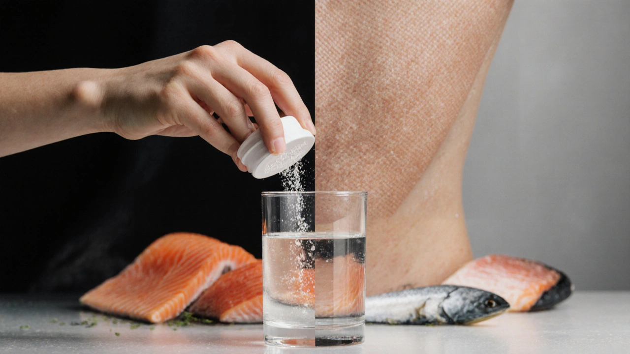 Rybí kolagen v prášku se připravuje do vody, s porovnáním staré a mladé pokožky v jedné scéně.