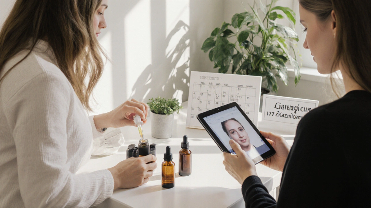 Samostatná kosmetička připravuje sérum v domácím salónu v Brně, klientka si prohlíží fotografie výsledků.