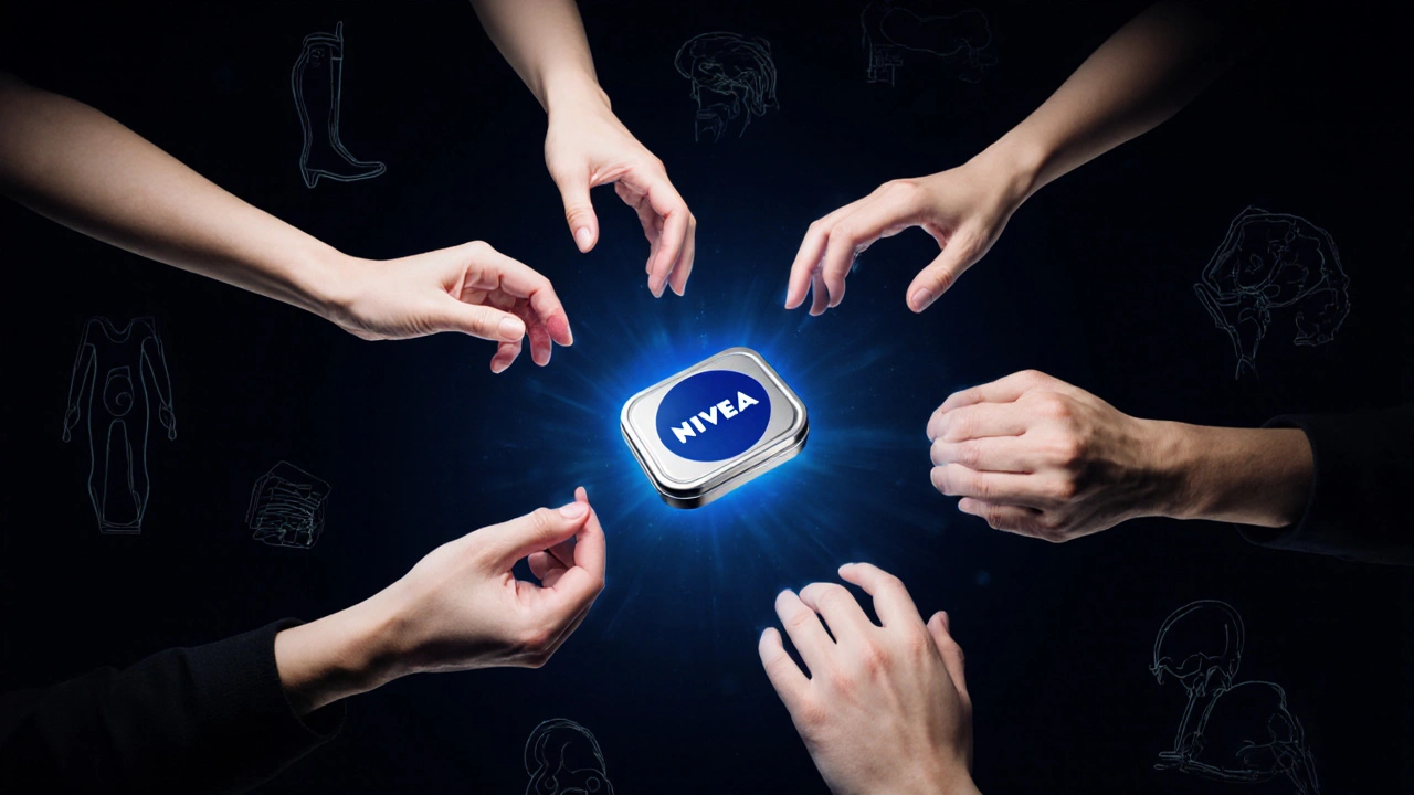 Sedm oblastí těla osvětleno ochrannou modrou vrstvou od krému Nivea.