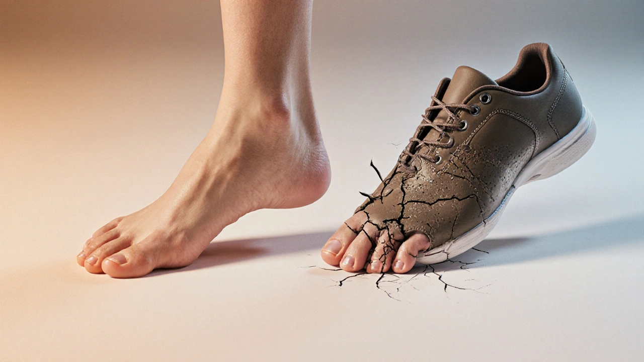 Široká obuv vedle těsné, symbolizující dopad obuvi na zdraví nehtů.