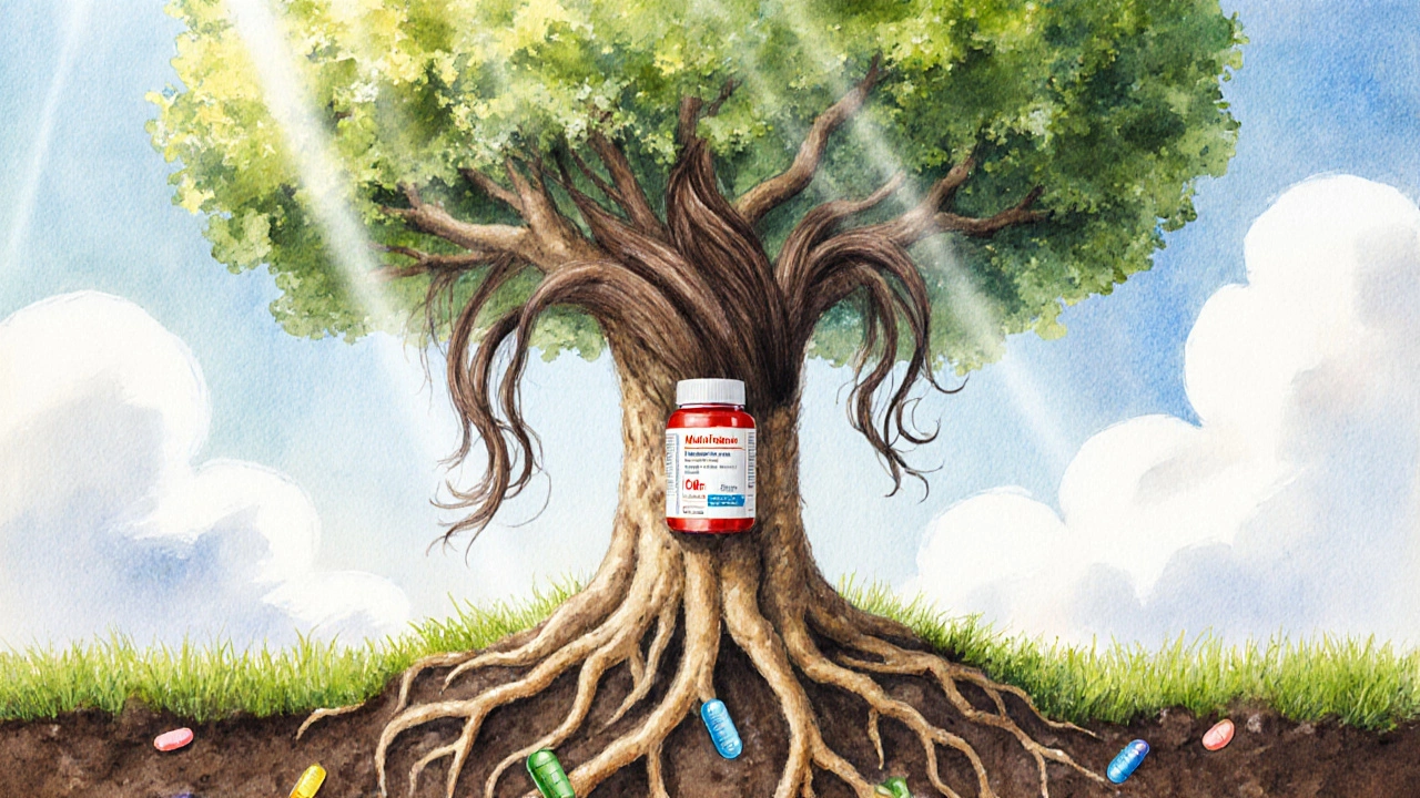 Strom s kořeny tvaru vlasů a větvemi z hustých vlasů, rostoucí z tabletek s vitamíny.